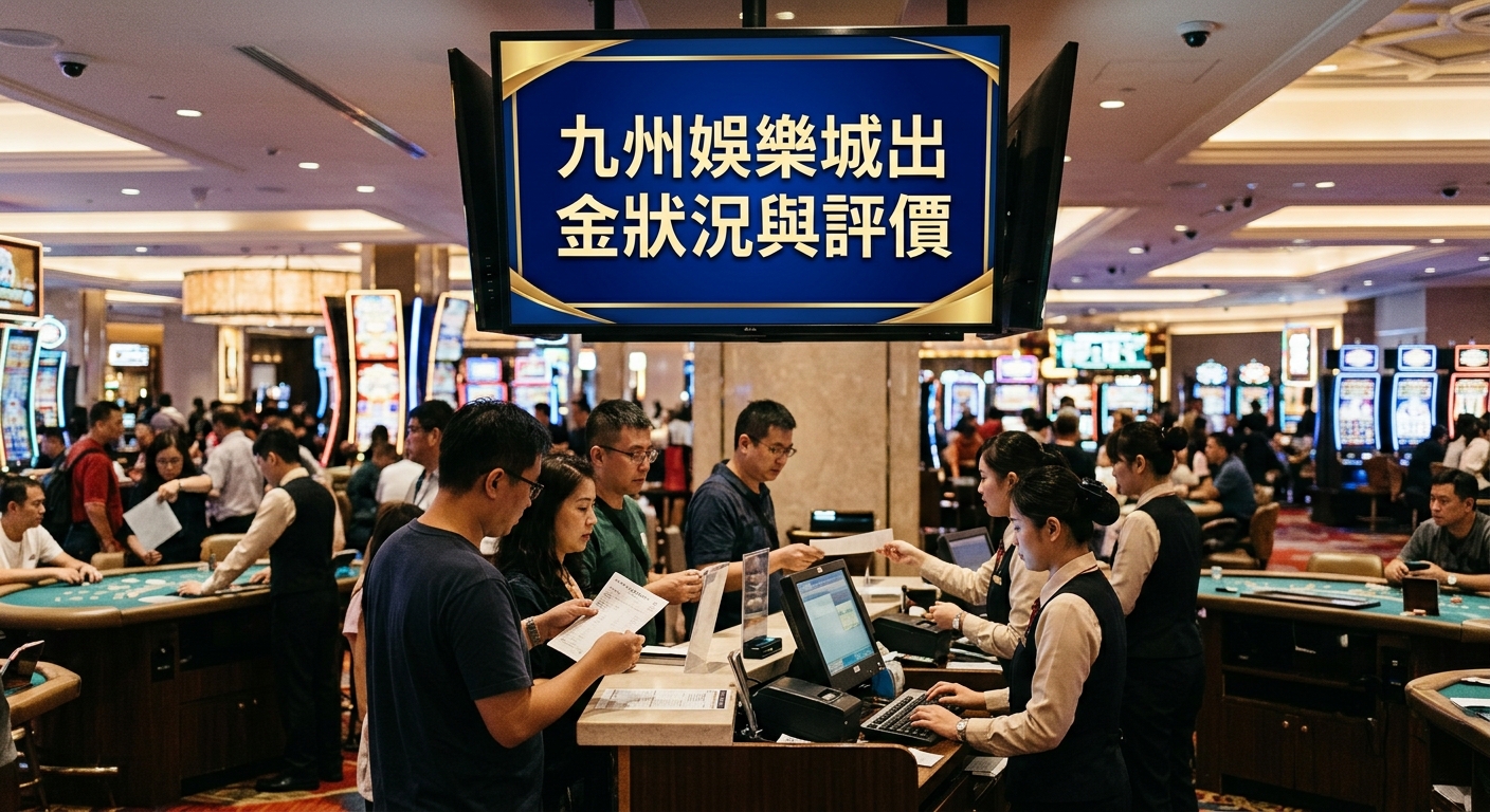 這張圖片展示了一間繁忙的娛樂城內部,顧客們正在櫃檯前與工作人員進行業務溝通與辦理。 中央上方懸掛著藍底金邊的顯眼螢幕,上面清晰印著標題「九州娛樂城出金狀況與評價」。