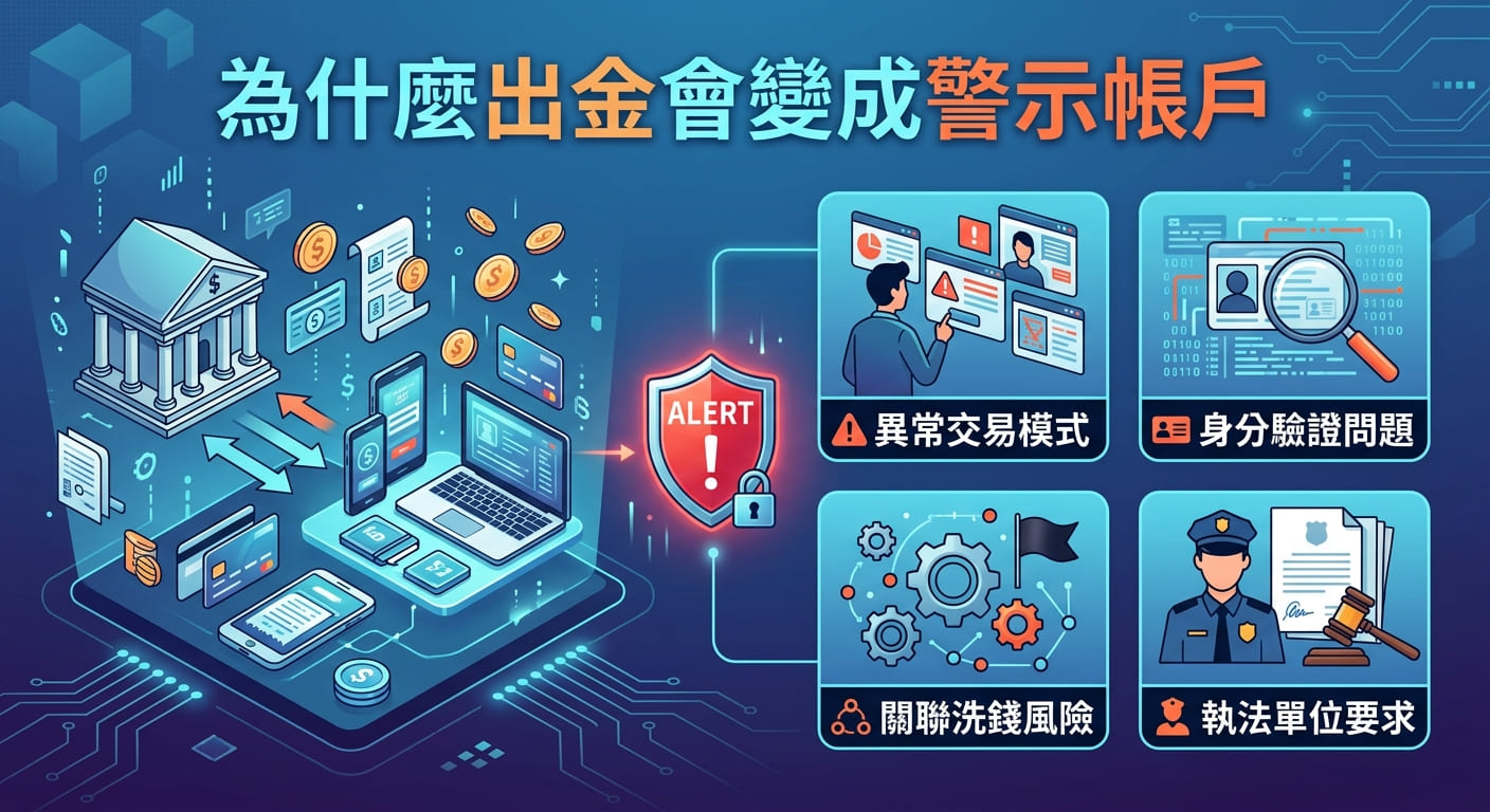 這張圖片以科技感藍色為基調,左側展示了經由銀行與行動裝置進行資金提領時觸發警示機制的示意圖。 右側則以圖表列出導致帳戶被列為警示狀態的四大主因,包括異常交易模式、身份驗證問題、關聯洗錢風險與執法單位要求。