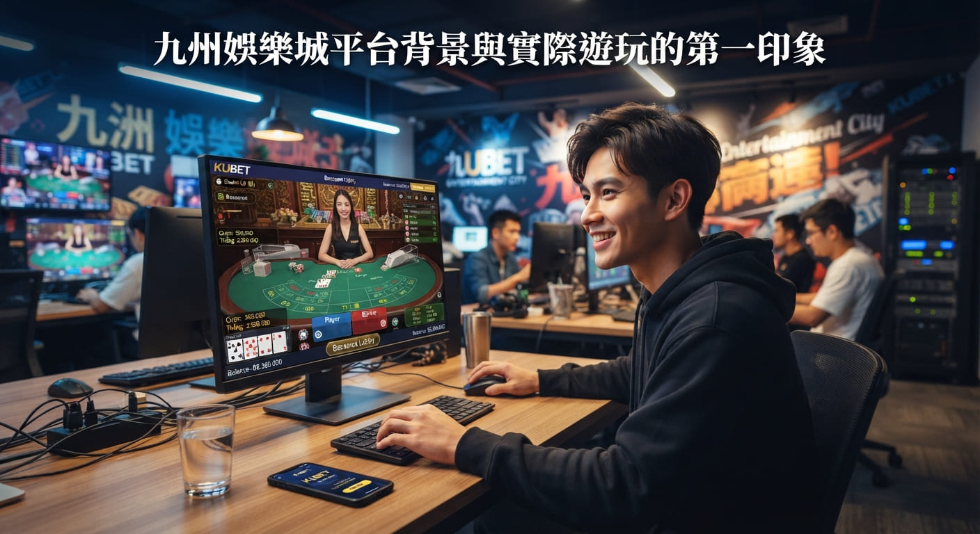 畫面中顯示一名年輕男子正在電腦前專注遊玩線上娛樂城平台，螢幕上呈現真人百家樂遊戲畫面。 圖片上方醒目地標示著「九州娛樂城平台背景與實際遊玩的第一印象」之標題。
