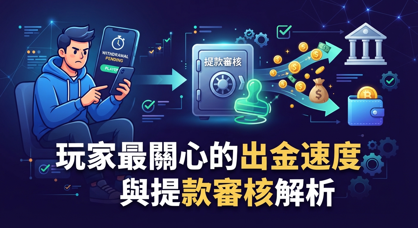 這是一張關於線上娛樂城提款與出金速度解析的資訊圖表。 圖中展示了玩家等待提款的畫面，並搭配審核流程與金流圖示，主題清晰。